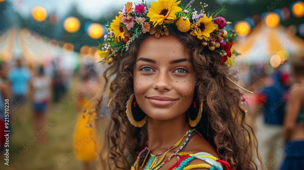 Woman with a floral crown at a vibrant outdoor festival Woman with a floral crown at a vibrant outdoor festival