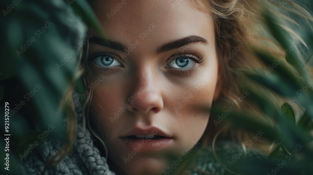 A Woman's Mysterious Gaze Through Lush Greenery A Woman's Mysterious Gaze Through Lush Greenery