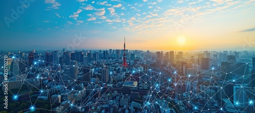 Sunrise over Tokyo Skyline with Network Connections