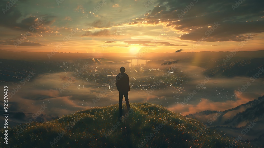 Man on the top of the mountain looking at the city at sunset Man on the top of the mountain looking at the city at sunset