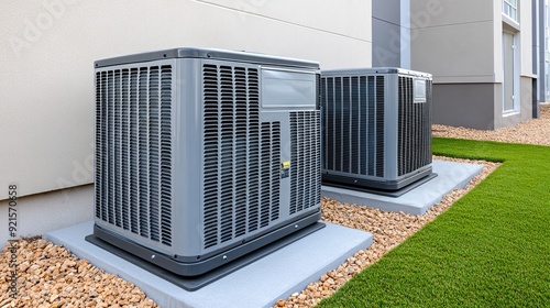 semi close-up of two HVAC workers performing maintenance on an air conditioner outside a residential building, focus on efficiency and professionalism, copy space for text, photo