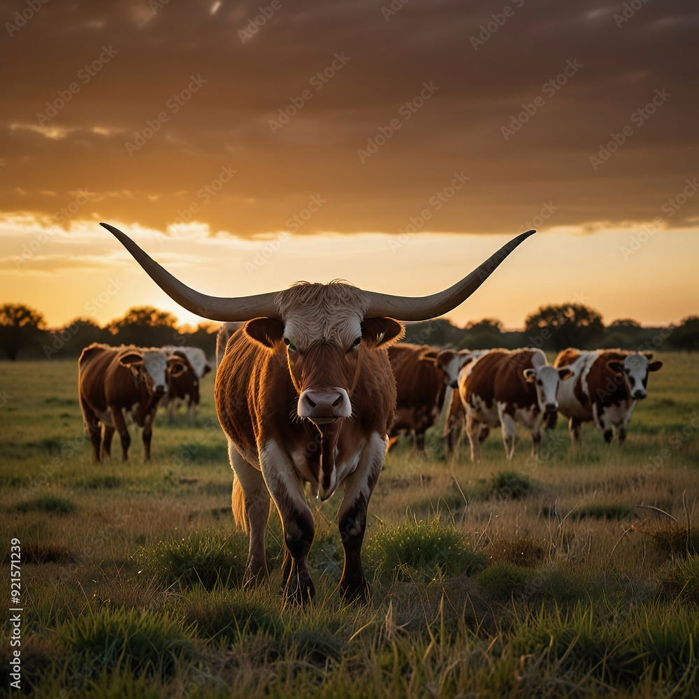 Texas longhorn cattle on the farm at sunset Texas longhorn cattle on the farm at sunset