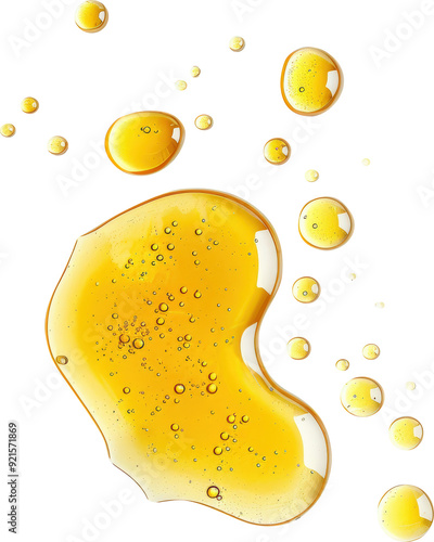 Golden oil droplets on a black background. The drops are scattered and appear to be floating on the surface.