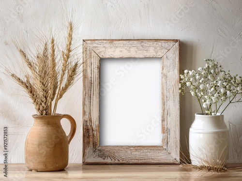 Portrait frame mock up in a rustic farmhouse setting, distressed wooden frame, textured wall, vintage decor, cozy and warm atmosphere, perfect for family photos, still life with flowers and vase.
