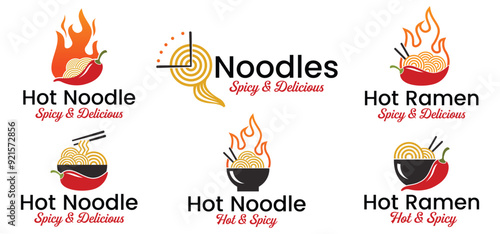 set vector spicy noodles in a bowl with chopsticks, chili peppers and hot fire. White background