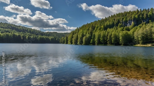  lake with clear water, a grassy shore, and trees on the hillsides.