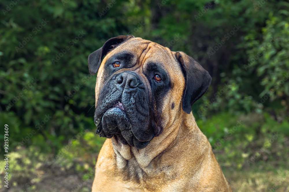 2024-08-13-CLOSE UP UPOF A LARGE FAWN COLORED BULLMASTIFF WITH CLEAR BRIGHT EYES AND A SLIGHT HEAD TILT WITH A GREEN BACKGROUND 2024-08-13-CLOSE UP UPOF A LARGE FAWN COLORED BULLMASTIFF WITH CLEAR BRIGHT EYES AND A SLIGHT HEAD TILT WITH A GREEN BACKGROUND