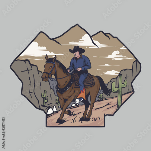 illustration cowboy riding  horse with desert and mountains background