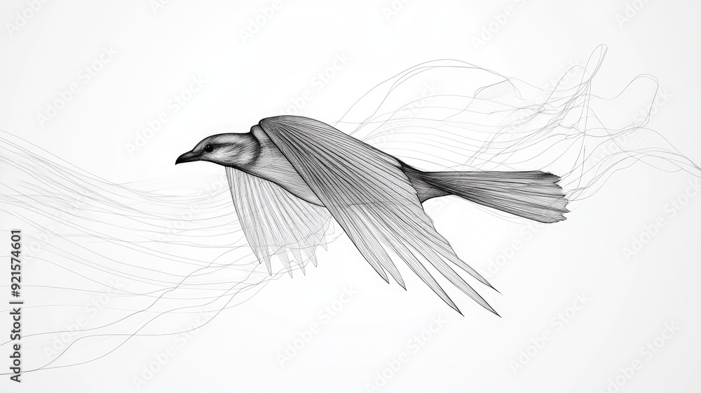 Artistic abstract line drawing of a bird in flight, with a calm, abstract background for text placement Artistic abstract line drawing of a bird in flight, with a calm, abstract background for text placement