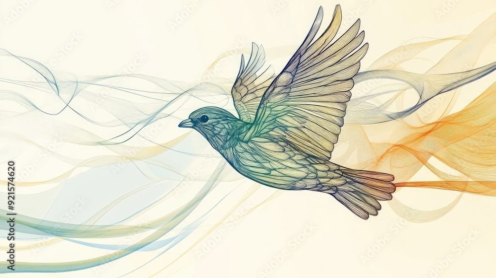 Artistic abstract line drawing of a bird in flight, with a calm, abstract background for text placement Artistic abstract line drawing of a bird in flight, with a calm, abstract background for text placement