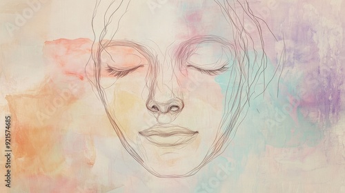 Artistic abstract line drawing of a face with closed eyes, set against a soft, pastel background for text