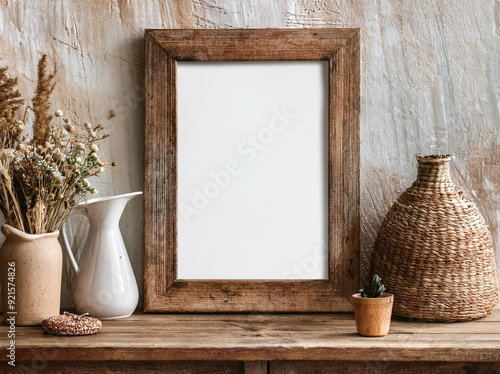 A Portrait of frame mock up in a rustic farmhouse setting, distressed wooden frame, textured wall, vintage decor, cozy and warm atmosphere, still life with flowers and vase