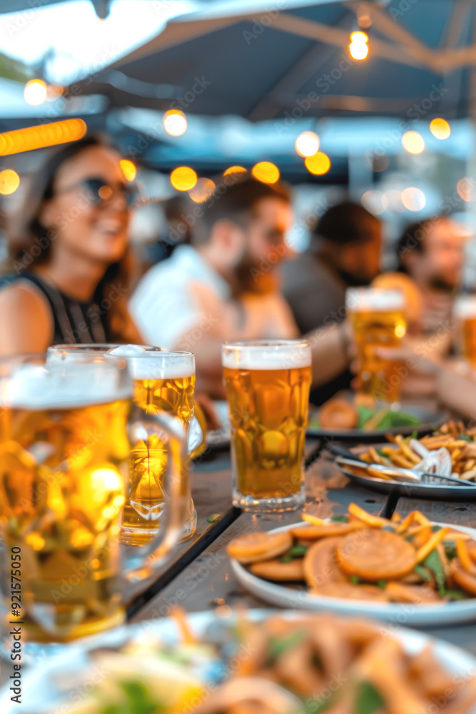 table with people sitting at the Oktoberfest drinking beer from mugs and eating snacks. AI generative. table with people sitting at the Oktoberfest drinking beer from mugs and eating snacks. AI generative.