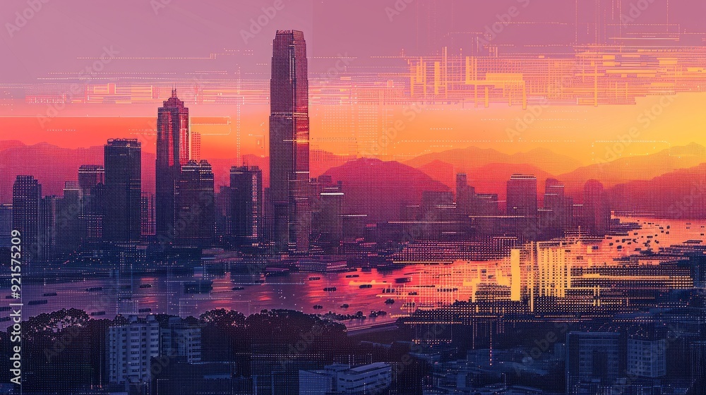 Fototapeta premium Digital art of a modern city skyline with a sunset backdrop, featuring abstract lines and geometric patterns in a warm color palette.