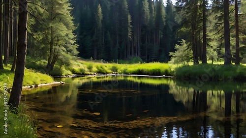 . The trees are reflected in the water's surface