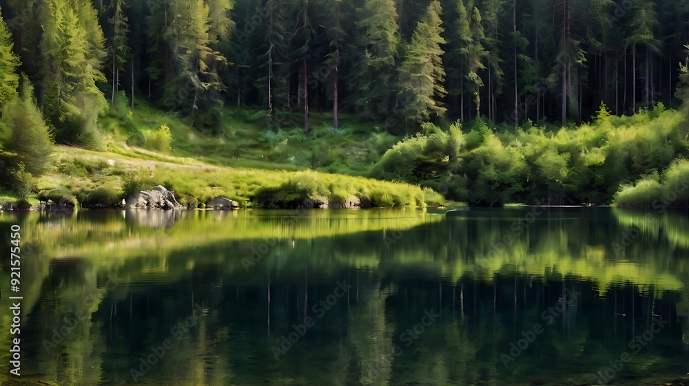 shows a still, dark blue lake surrounded by a dense forest shows a still, dark blue lake surrounded by a dense forest