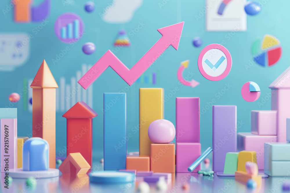 Illustration of colorful graph and charts with arrow pointing up. Concept of business growth with charts, graphs, and target icons Illustration of colorful graph and charts with arrow pointing up. Concept of business growth with charts, graphs, and target icons