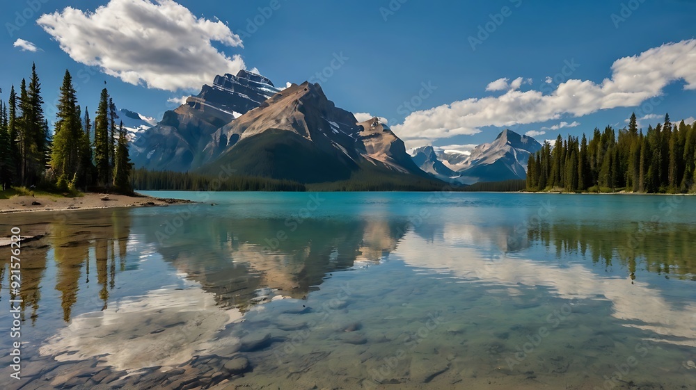 Naklejka premium picturesque mountain lake with snow-capped peaks