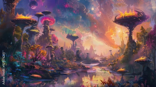 Fantastic Landscape with Colorful Mushroom-Like Trees