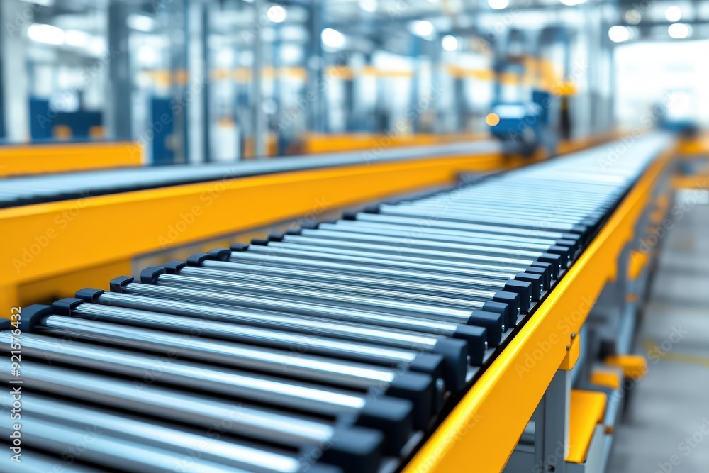 A close-up view of a modern conveyor belt in an industrial setting, showcasing efficiency in material handling. A close-up view of a modern conveyor belt in an industrial setting, showcasing efficiency in material handling.