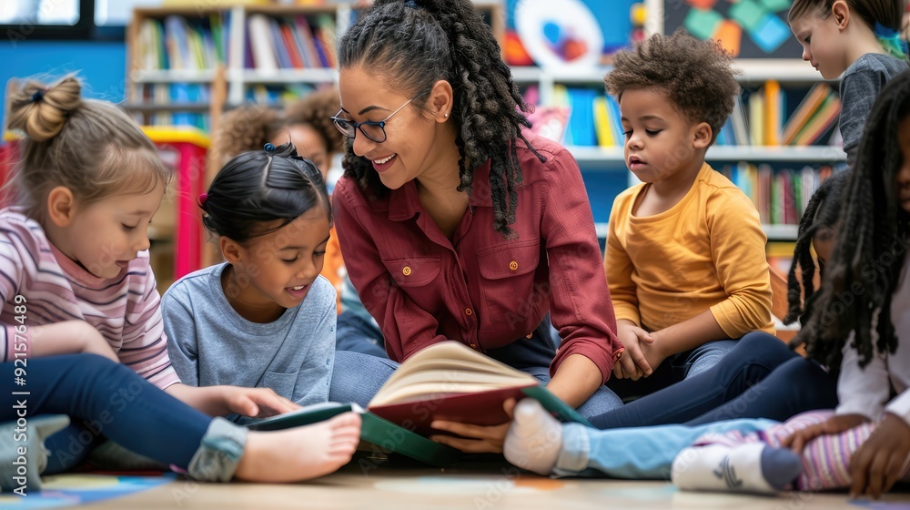 A daycare teacher reading a story to a group of kids. A daycare teacher reading a story to a group of kids.