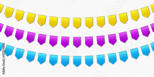 Colorful bunting flags, carnival party flags, festive pennants hanging on a rope. Festival vector decoration.
