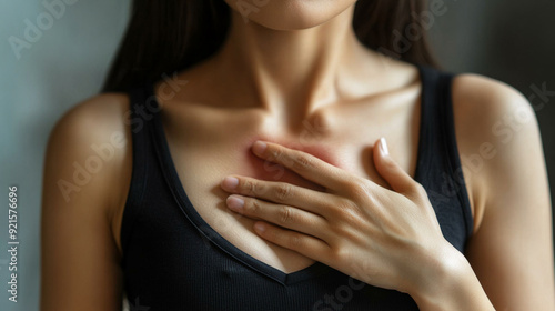 woman's hand rests on her chest, expressing discomfort or pain, potentially symbolizing a heart attack or emotional distress. The image conveys urgency, vulnerability, and health-related concerns