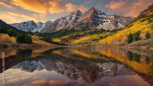  image shows a still lake with snow-capped mountains 