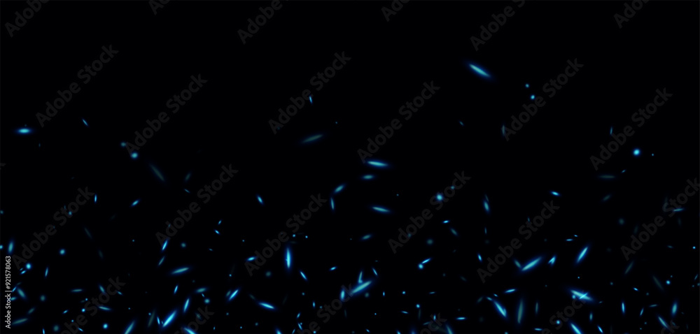 Blue fire sparks, abstract glowing embers, heat sparkles, flying flame cinder, bokeh fire texture. Vector illustration.