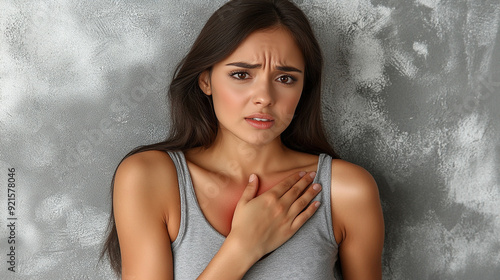 woman's hand rests on her chest, expressing discomfort or pain, potentially symbolizing a heart attack or emotional distress. The image conveys urgency, vulnerability, and health-related concerns