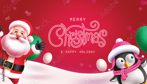 Merry christmas greeting vector banner design. Christmas and happy holiday greeting text with santa claus singing and waving penguin characters in snow winter background. Vector illustration holidays 