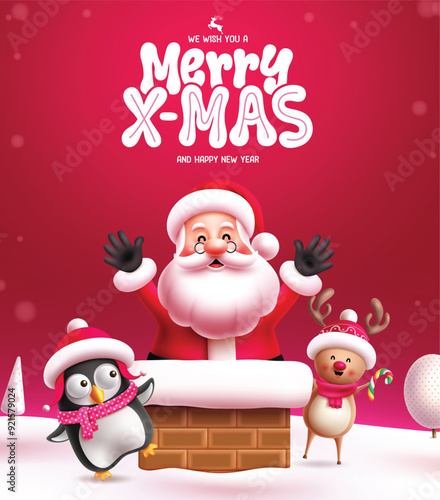 Christmas santa claus vector design. Merry xmas greeting text with santa claus in chimney roof top, waving penguin and cute reindeer characters in snow winter background. Vector illustration holiday 