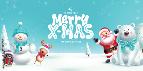 Merry xmas greeting card vector banner design. Christmas characters like santa claus, reindeer, snowman, polar bear and penguin in snow winter background. Vector illustration happy new year card