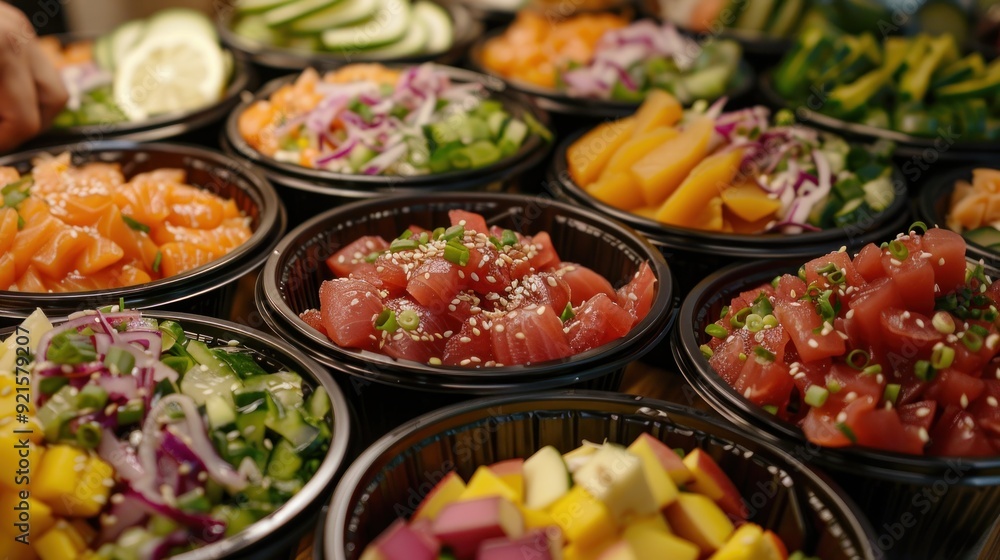 Assortment of Poke Bowls with Salmon, Tuna, and Vegetables Assortment of Poke Bowls with Salmon, Tuna, and Vegetables