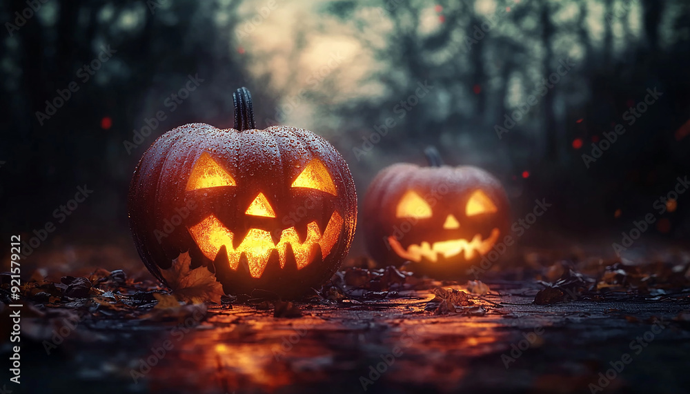 Spooky pumpkin lantern glowing in the dark night generated by AI Spooky pumpkin lantern glowing in the dark night generated by AI