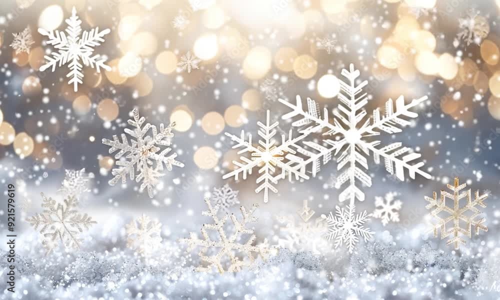 A close-up of delicate white snowflakes and bokeh lights floating against a soft, blurred background, evoking a festive and wintry atmosphere A close-up of delicate white snowflakes and bokeh lights floating against a soft, blurred background, evoking a festive and wintry atmosphere