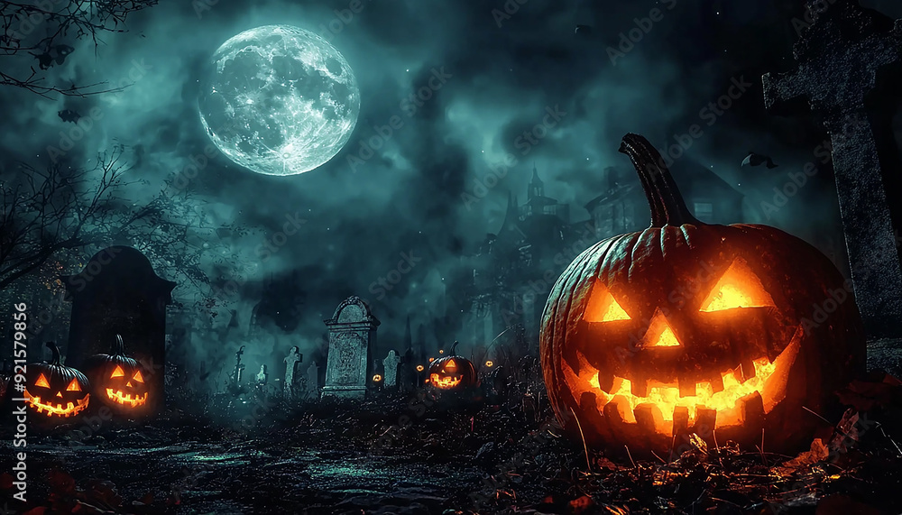 Spooky pumpkin glowing in dark autumn night forest generated by AI Spooky pumpkin glowing in dark autumn night forest generated by AI