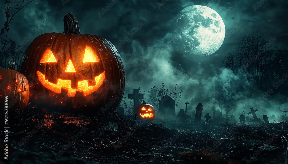 Naklejka premium Spooky pumpkin glowing in the dark night forest generated by AI