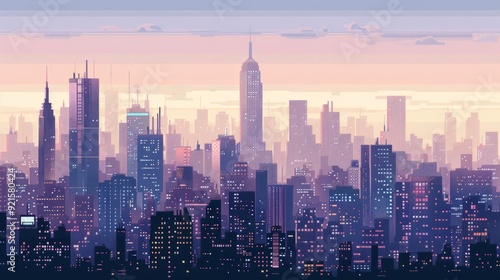 Pixelated cityscape with a pink and purple sunset sky.