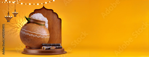3d render of Happy Pongal Holiday Harvest Festival of Tamil Nadu South India, product display in modern brown background
