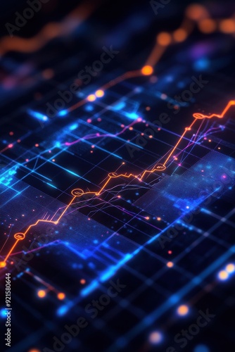 A minimalist line graph is overlaid on a glowing network, featuring axis labels seamlessly integrated into a futuristic grid background. 