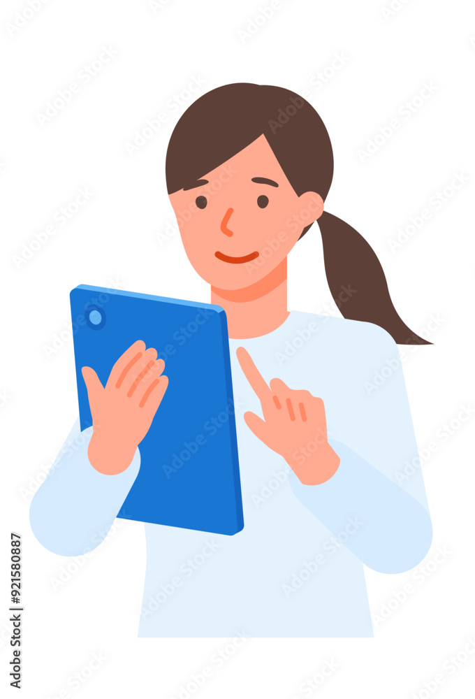Working Woman. Concept for Problem Solving. Woman cartoon character. People face profiles avatars and icons. Close up image of tablet Woman. Working Woman. Concept for Problem Solving. Woman cartoon character. People face profiles avatars and icons. Close up image of tablet Woman.