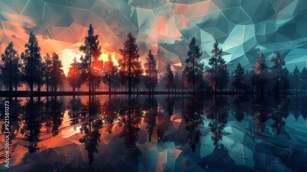 Fototapeta premium Silhouette of a forest reflected in a lake with a geometric sunset sky.