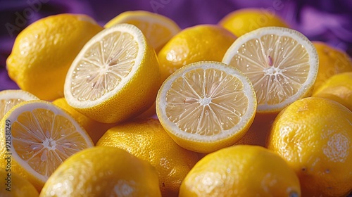 Fresh lemons on a vibrant purple background photo