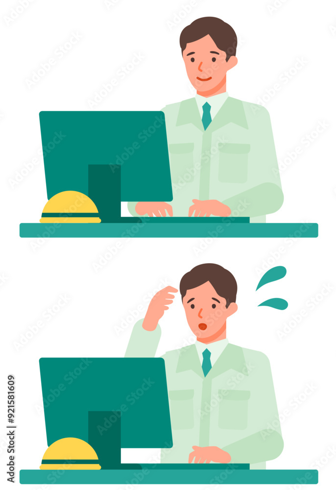 Working man. Concept for Problem Solving. Man cartoon character. People face profiles avatars and icons. Close up image of PC man. Working man. Concept for Problem Solving. Man cartoon character. People face profiles avatars and icons. Close up image of PC man.