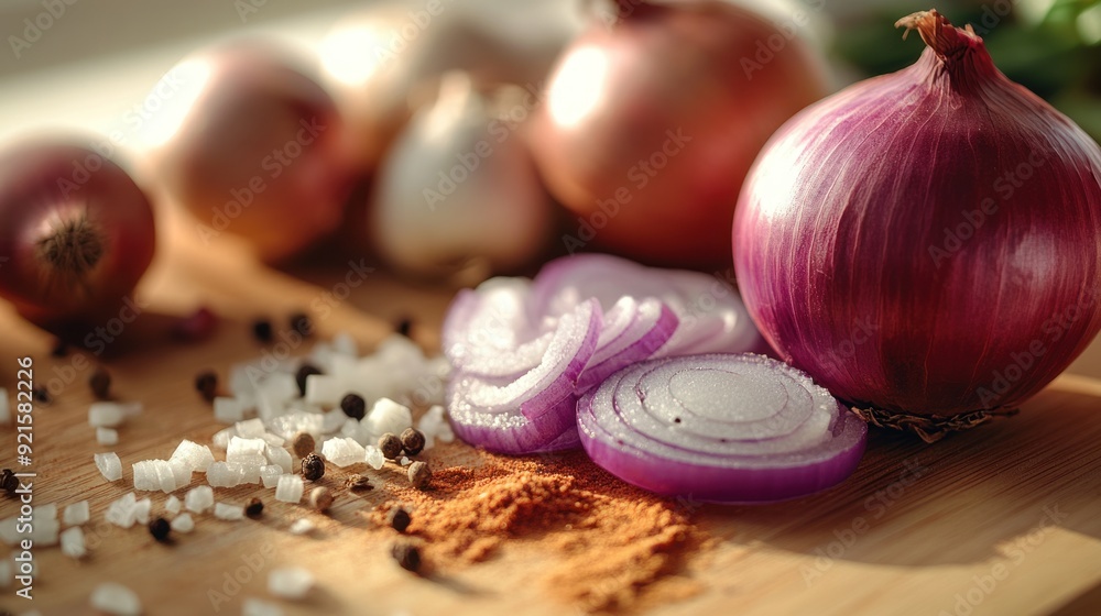 Red Onion with Spices on a Wooden Cutting Board Red Onion with Spices on a Wooden Cutting Board