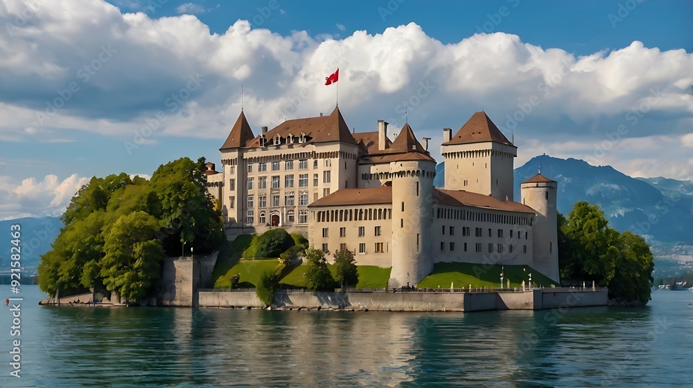 Fototapeta premium A large stone castle with tall towers and a moat