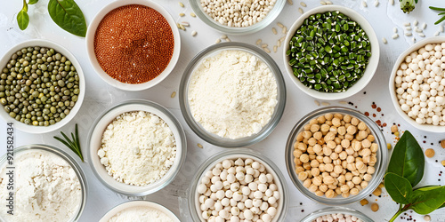 Food theme background, top view of dried legumes, pulses in jars.