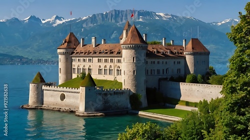 A large stone castle with tall towers and a moat