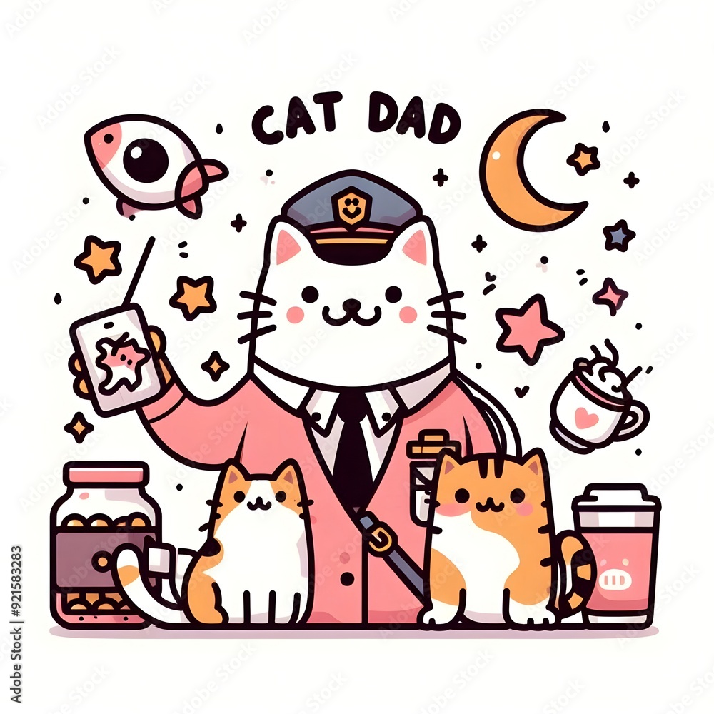 Cute Cat Dad with Kittens in Cartoon Style Cute Cat Dad with Kittens in Cartoon Style